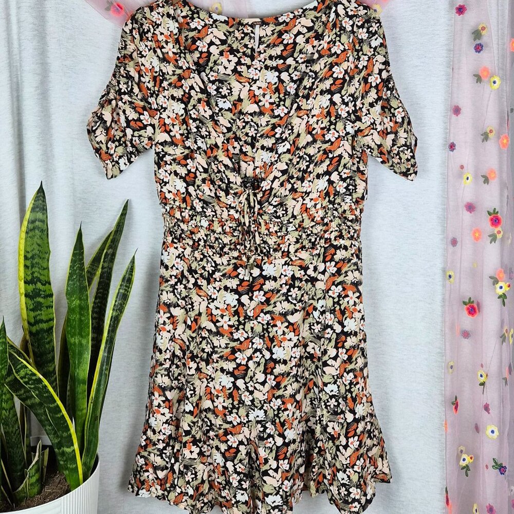 Free People Floral Mini Dress Smocked Waist Plunge Front Size 12